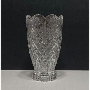 Vintage Crystal Slovakia Diamond Cut Scalloped Rim Lead Crystal Vase